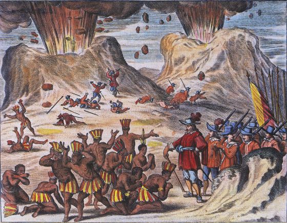 Grabado-del-siglo-XVII-que-muestra-a-miembros-de-la-tribu-Tlaxcala-implorando-a-Hernán-Cortés-junto-a-los-volcanes-Popocatepetl-y-Iztaccihuatl.